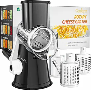 Cambom Rotary Cheese Grater Hand Crank Cheese Shredder for Fresh Cheese, Vegetable, Nuts,Non-slip Suction Base, Free Cleaning Brush Three Blades