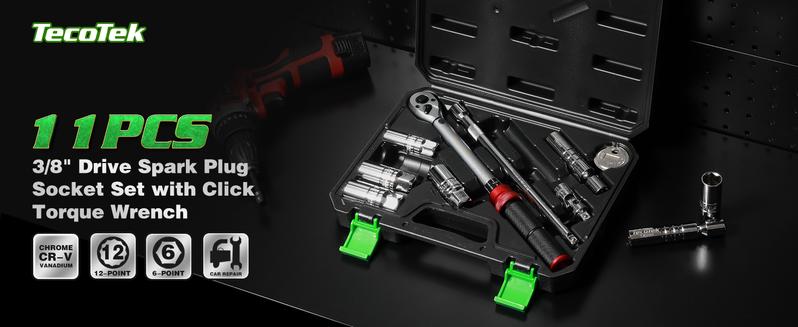 11Pcs 3/8" Drive Spark Plug Socket Set with Click Torque Wrench, Spark Plug Gapper, Universal Joint, Extension Bar, 9/16", 5/8", 3/4", 13/16", 14, 16 and 18mm, CR-V Sockets with Rubber Rings