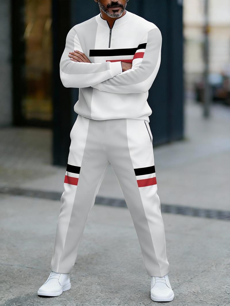 European and American two-piece men's white sports suit |     Geometric stripe design, semi open collar |     High quality polyester fiber fabric, wrinkle resistant and easy to maintain |     Fitness trend, suitable for sports and leisure style