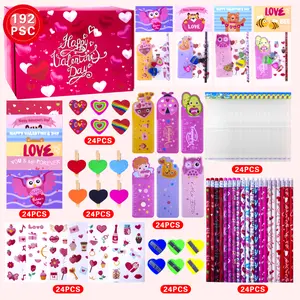 192 Pcs Kids Valentines Day Gifts for School Classroom Exchange Valentines Goodie Bags Stuffers Valentines Day Cards for Kids Party Favors Valentines Stationery Set
