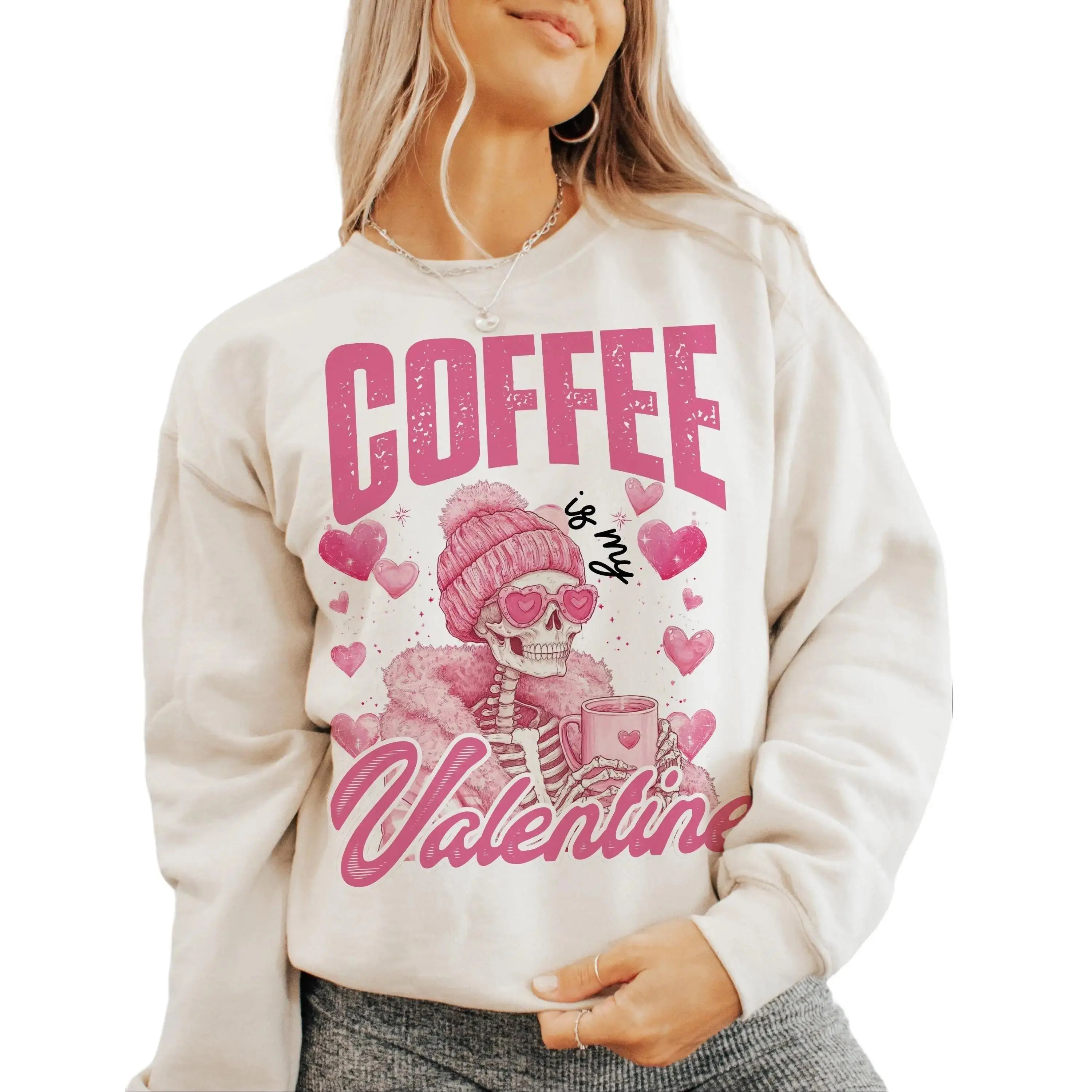 Coffee is My Valentine Funny Skeleton Crewneck Sweatshirt, Pink Skeleton Sweater, Humorous Skeleton Shirt Unisex Casual Wear