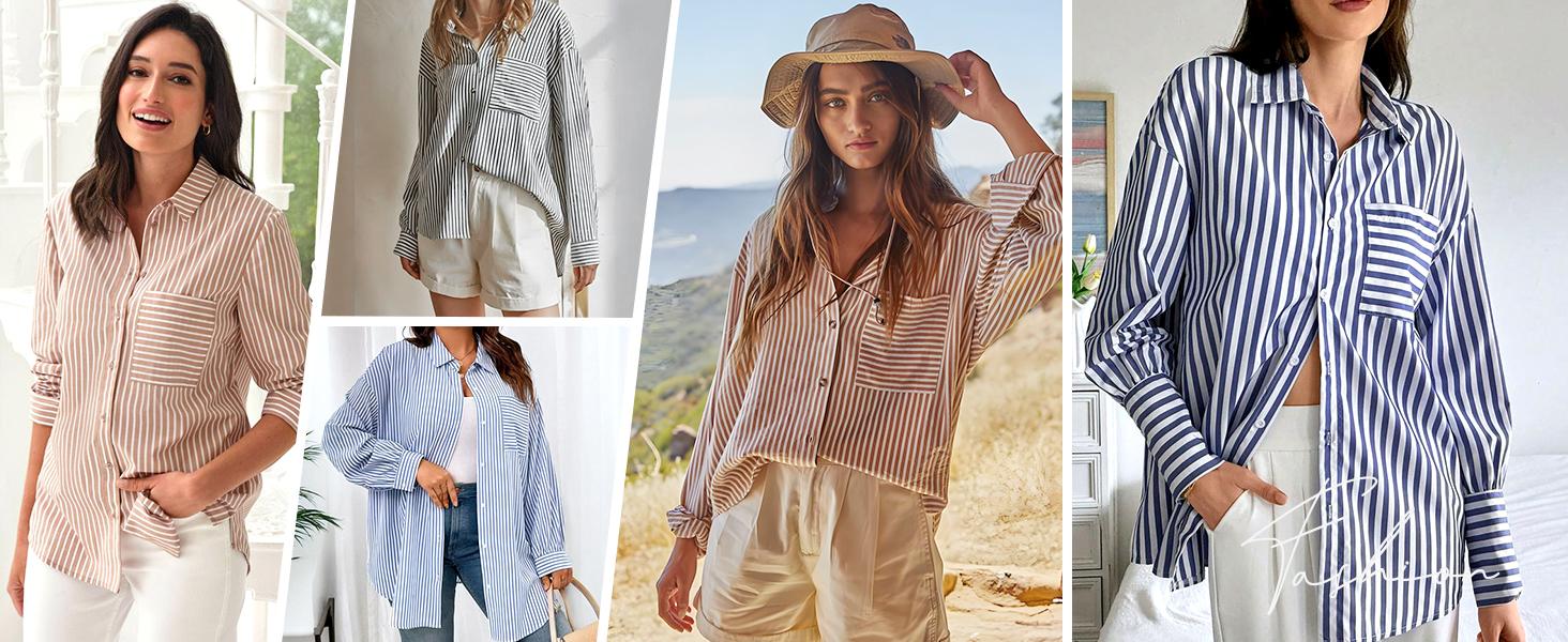 Womens Button Down Shirts Striped Smocked Cuff Long Sleeve Blouses with Pocket Casual Collar Office Work Tops