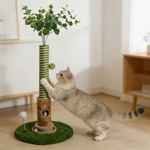 Tall Cat Scratching Post forIndoor Cats green stripes Large Scratching Post withReplaceable Toys & Sturdy Base 39-Inch HighSpace-Saving Design Imitation Sisal SolidConstruction Vertical Scratcher pet furniture Scratching Post with Ball interactive tower