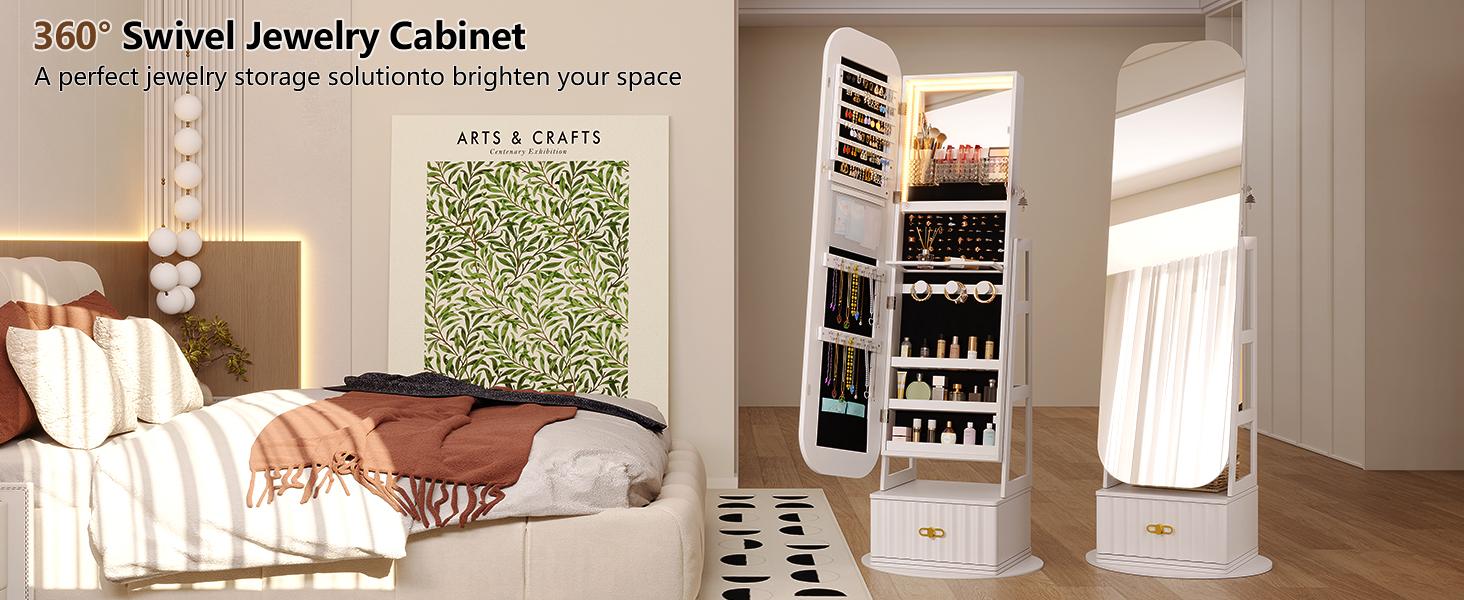 Miuvanity 3-in-1 360 Swivel Jewelry Cabinet with LED Light，Lockable Jewelry Mirror Cabinet，Standing Jewelry Armoire，Frameless Full-Length Mirror，3 Storage Shelves Gift Idea Decor，Mirror with storage