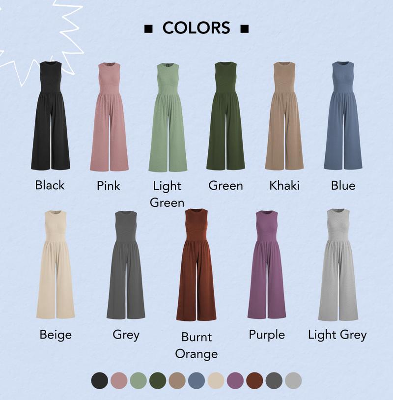 Cider Women's Round Neck Sleeveless Wide Leg Jumpsuit with Boning, Stretchy Pocket Jumpsuit, Summer Stretch Wide Leg Romper, Lady Comfortable Boning Jumpsuit, Casual Stretchy Pocket Outfits, Downtown Girl Summer Clothes