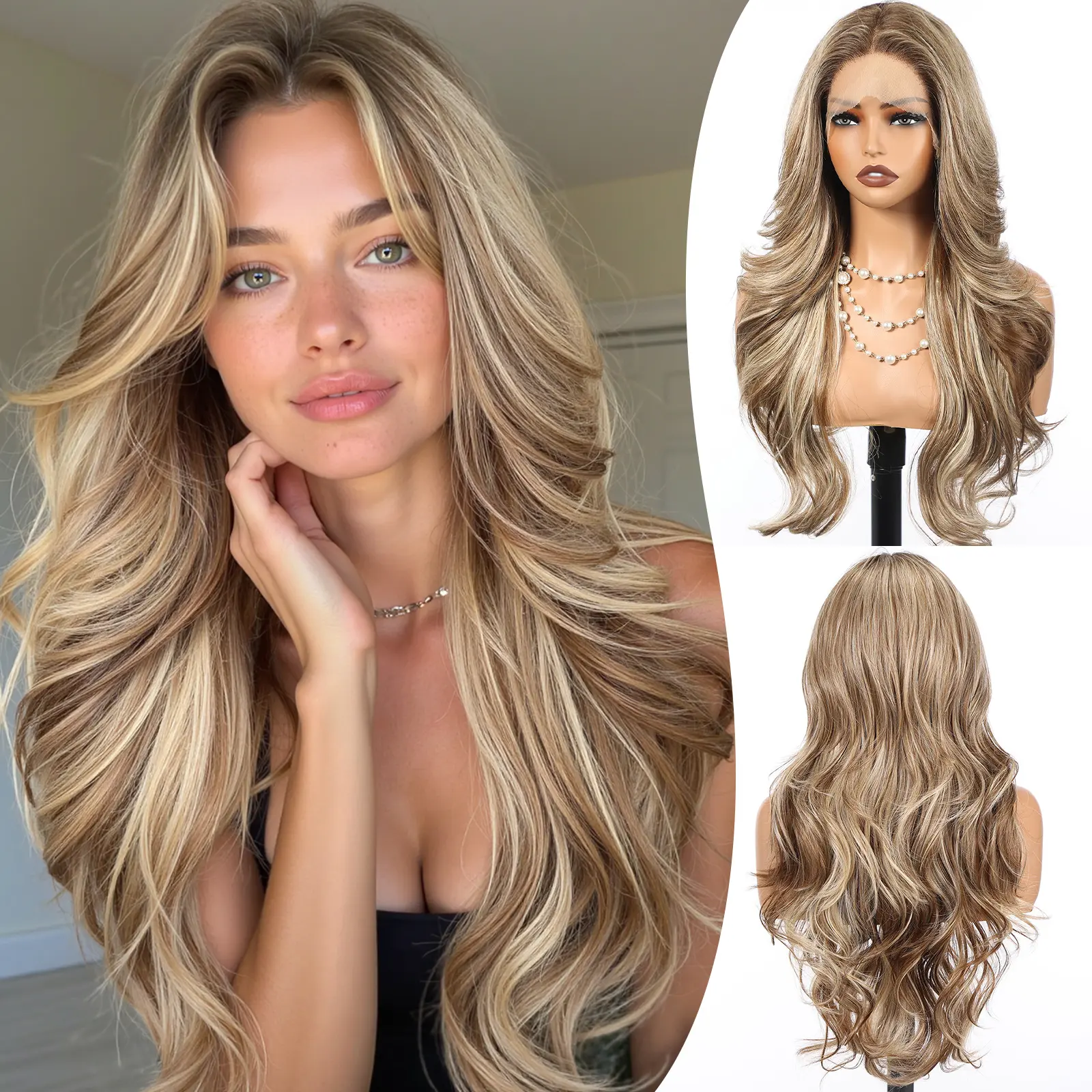 HAIRCUBE 13x4 HD Lace Front Synthetic Ash Blonde Highligh Wig for Women 26 Inch,Heat Resistant Long Wave Layered, Glueless Lace Front Wigs