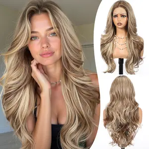 HAIRCUBE 13x4 HD Lace Front Synthetic Ash Blonde Highligh Wig for Women 26 Inch,Heat Resistant Long Wave Layered, Glueless Lace Front Wigs