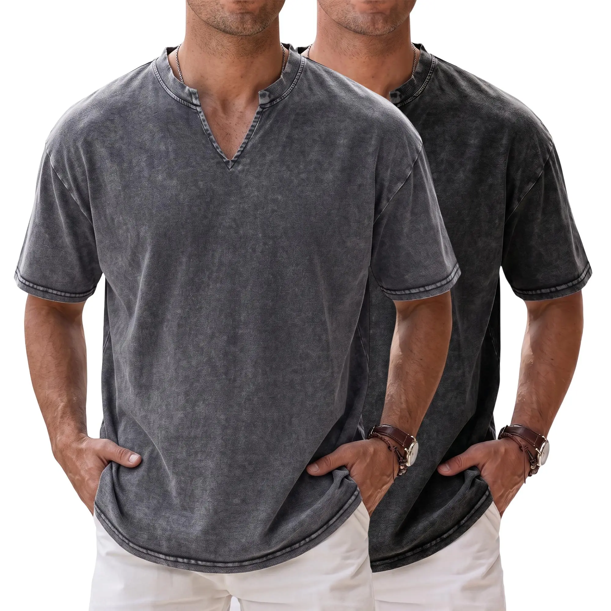 2-Pack Men’s Pure Cotton Summer Vintage Stone-Wash Henley-Collar Short-Sleeve T-Shirts