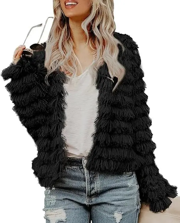 TANKANEO Open Front Cardigan Faux Fur Coat Vintage Parka Shaggy Jacket Warm Coat Tops