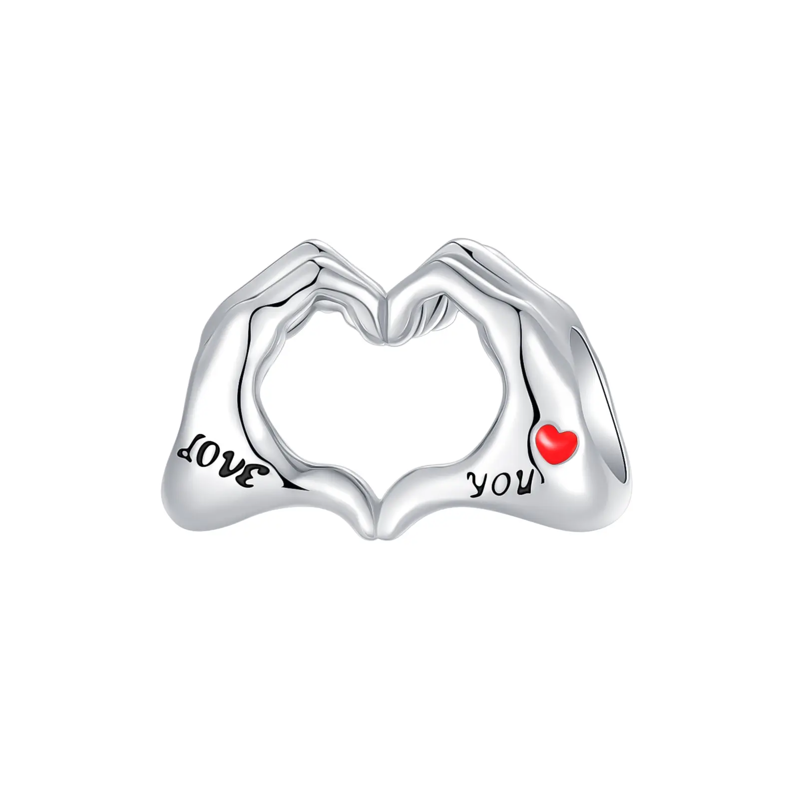 Heart Gesture Love Charm, 925 Sterling Silver, Red Enamel Heart, Engraved “Love You,” for Valentine’s Day and Anniversary Gifts, Silver & Red