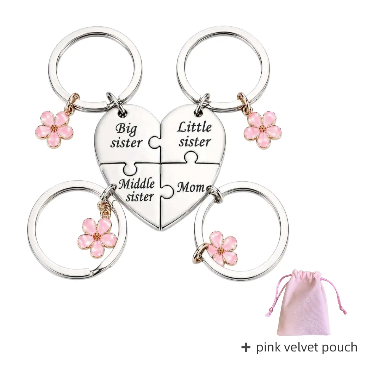 4-Piece Matching Heart Puzzle Design Keychain Set, Stainless Steel Jewelry Gift for Mom and Sisters with Pink Flower Charm, Heart Design Keychain, Casual, Keychains For Women