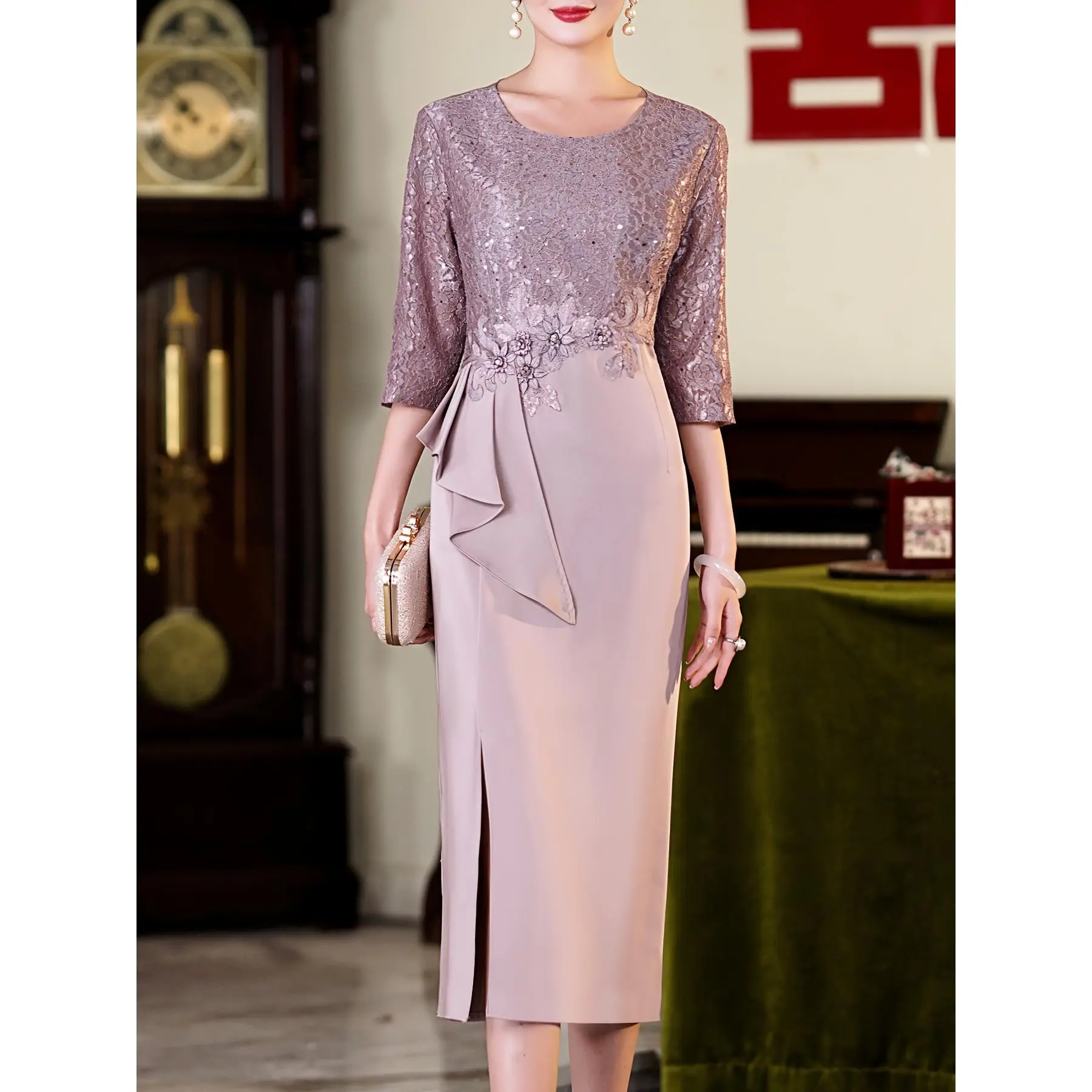 Elegant Floral Lace & Sequin Cheongsam Dress for Women - Spring/Summer, Round Neck with Split Hem, Traditional Chinese Style