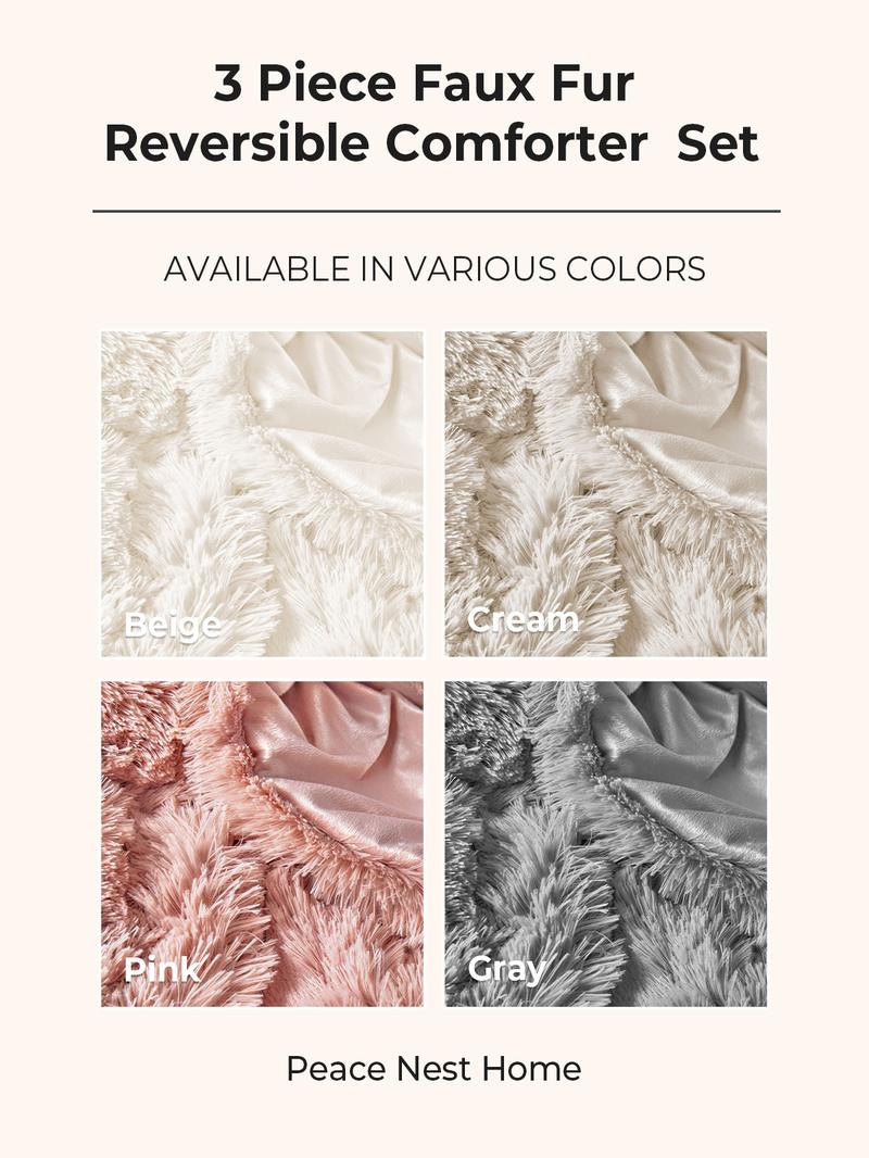 PEACE NEST Faux Fur 3-Piece Comforter Set - Soft, Plush, Cozy & Hypoallergenic Bedding for Ultimate All-Season Comfort