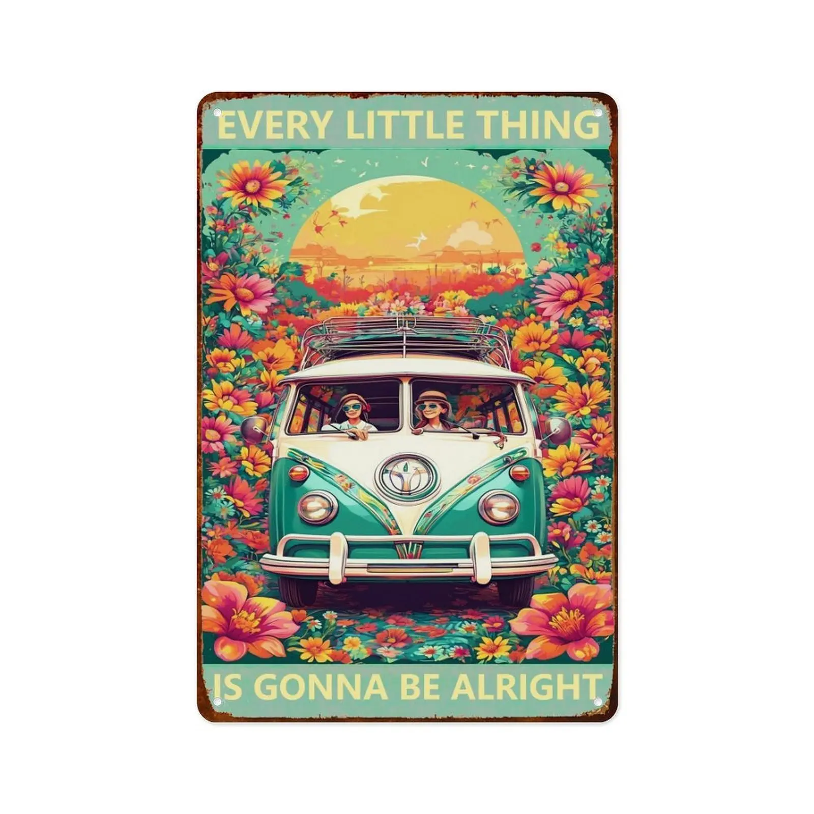 Aluminum Bus Hippie Flower Plaque Sign with "Every Little Thing Is Gonna Be Alright" Quote, Vintage Home Decor Poster for Living Room, Bedroom, 12x8 in, Aluminium