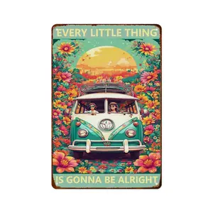 Bus Hippie Flower Plaque Aluminum Signs Every Little Thing Thing Is Gonna Be Alright Hippie Room Decor Vintage Posters for Home Living Room Bedroom 12 X 8 Inch