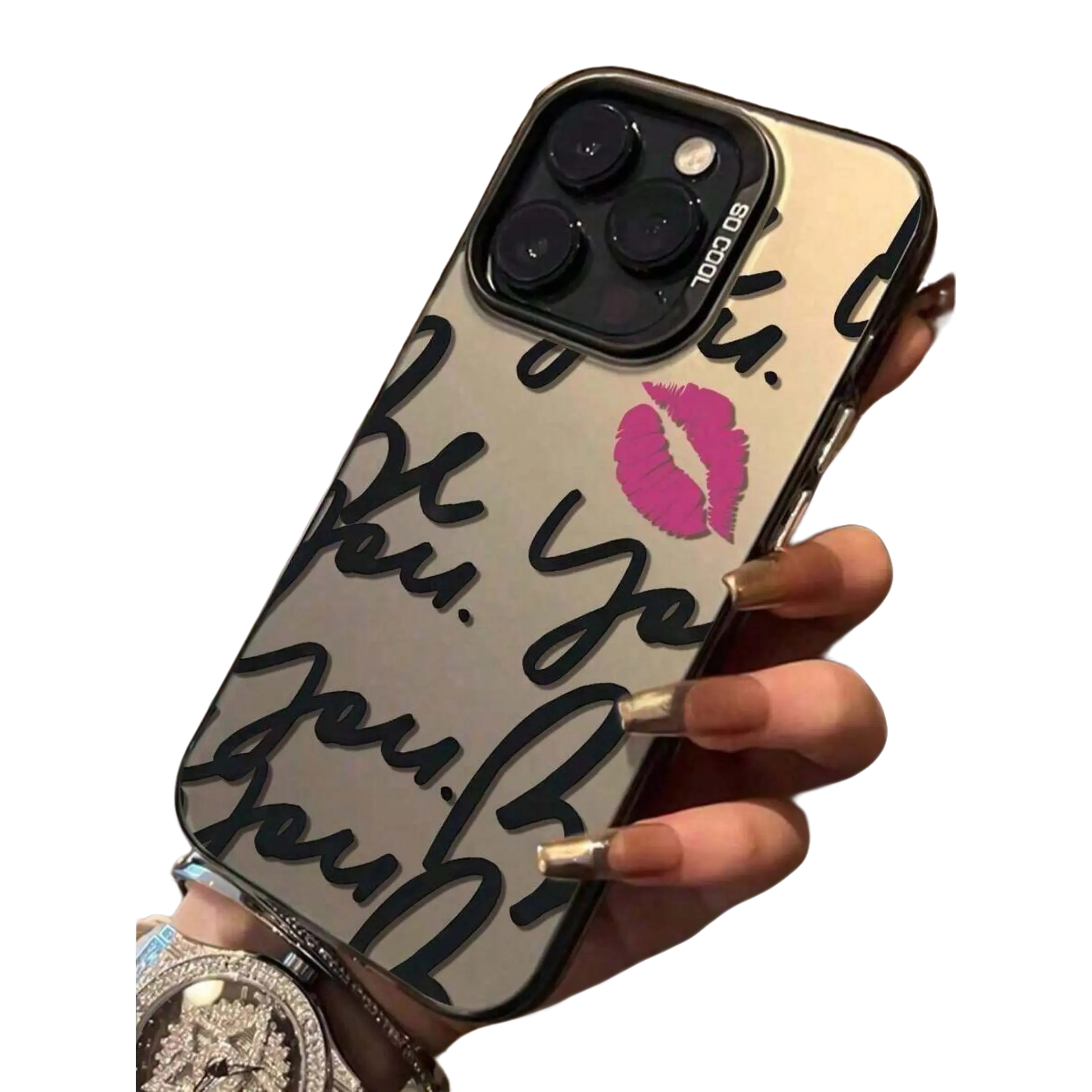 1pc Personalized Lip Print & English Text Reflective Plastic Smartphone Case, Lightweight Scratch-Resistant Cover for All-Around Protection, Phone Accessory Compatible With 11/12/13/14/15 Series, XS/XR