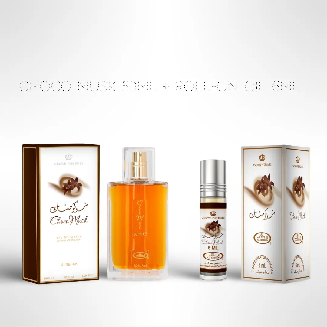 Al Rehab Choco Musk Bundle - Gourmand Fragrance with Sandalwood Notes, Concentrated Perfume Set Including 50ml Eau de Parfum (EDP Scents) and 6ml Roll-On Oil for Delightful Scents, Unisex Beauty & Personal Care Fragrance