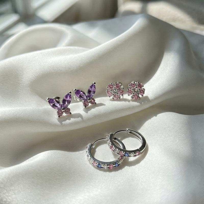 3 Pairs 925 Sterling Silver Earrings for Women Grils Hypoallergenic Silver/Gold Stud Hoops Earrings Set Dainty Studs Huggies Earings Flower Butterfly Earrings Sets for Multiple Piercings