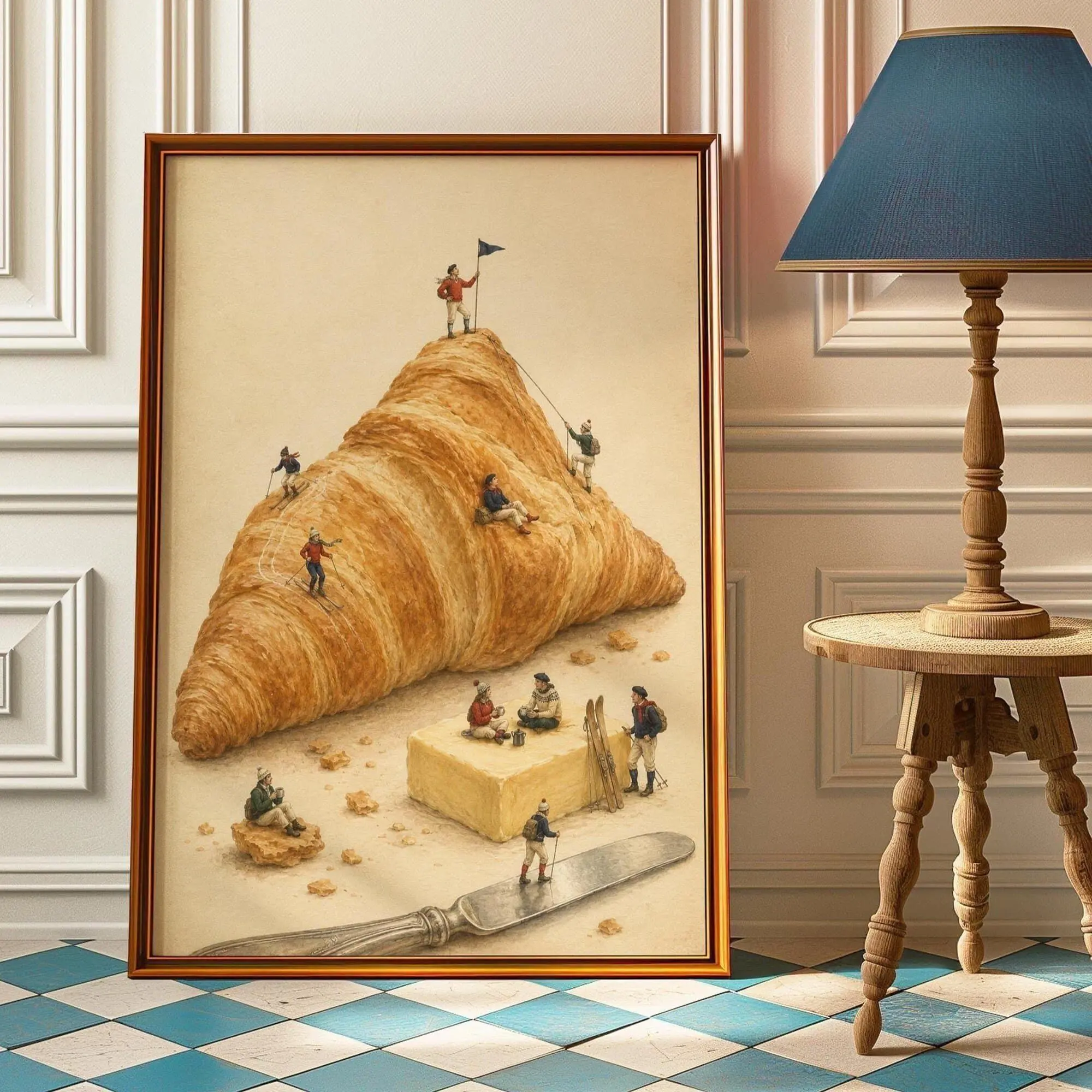 Surreal Ski Croissant Poster,  Wall Art,  Vintage Watercolor Print, Apr�s Ski Lodge Decor, Skier Gift, Kitchen Art ( Unframed - Print Only )