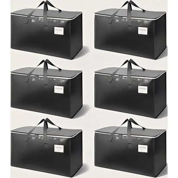 Traditional 6-Pack Extra-Large Waterproof Storage Containers with Durable Zippers, Reinforced Handles - Heavy-Duty Organizer Bags for Moving, Shelf Space-Saving (Black), Shelves
