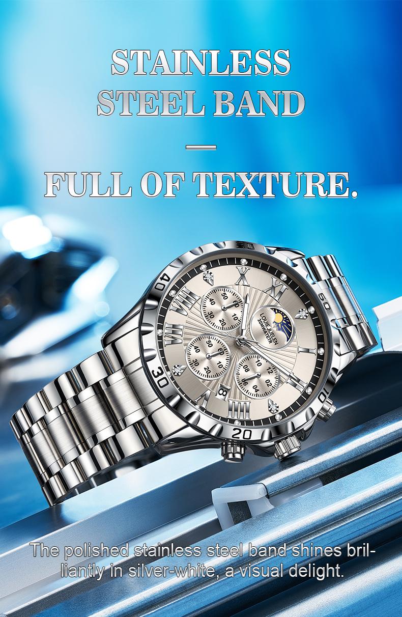 Men's Swiss Elegance Watch,LOUIEJUELEN Commander Series Men's Luxury Swiss Multi-Function Business Watch - Sapphire Crystal, Stainless Steel Bracelet, 42mm Dial, Waterproof, Shockproof, Luminous Display, Ideal for Business & Social Occasions
