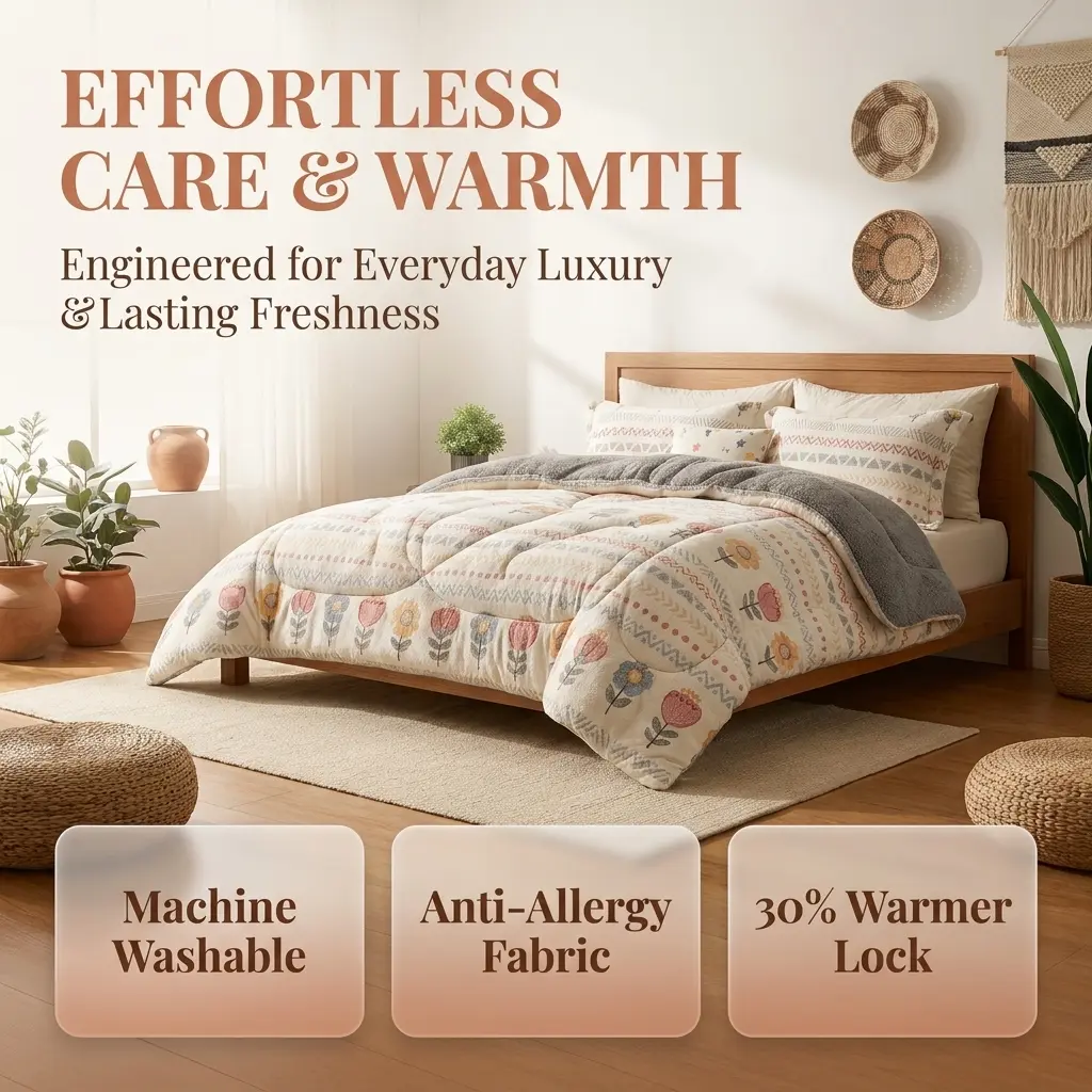 TORAX Skin-Friendly Polyester Floral Print Snow Flannel Comforter - Microfiber Traps Warmth, Breathable, Wrinkle Resistant, Ultra Soft Double Sided, Durable, Machine Washable, No Duvet Cover Needed, Cozy Setup, 1-Piece Bedroom Bedding