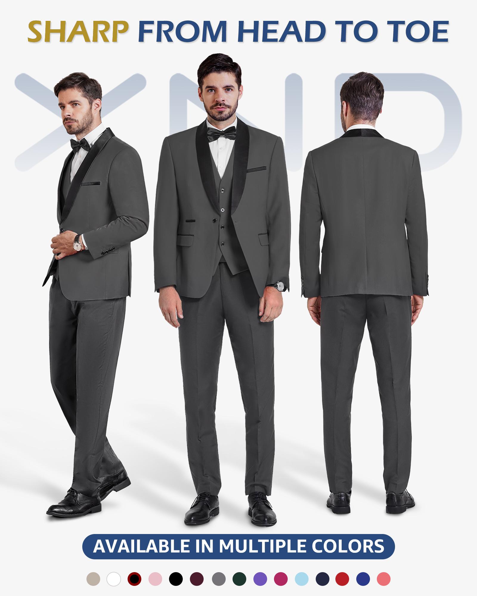 YND Men's 3-Piece Slim Fit Tuxedo Set, One-Button Shawl Collar Solid Jacket Vest Pants with Bow Tie，suitable for formal occasions, business events. party & casual events, wedding tuxedos, party performances, and men's three-piece party suits