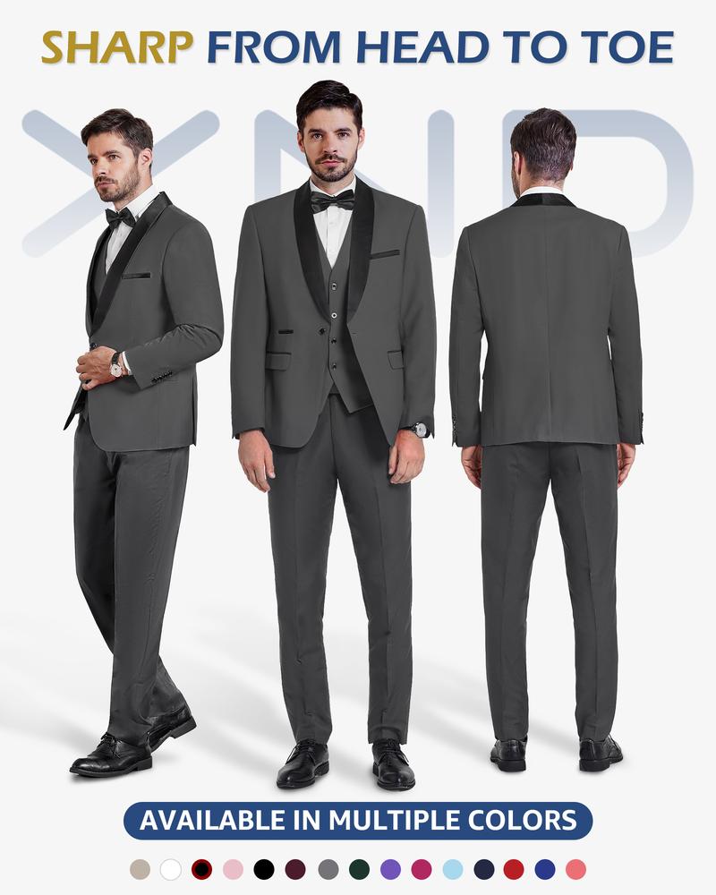 YND Men's 3-Piece Slim Fit Tuxedo Set, One-Button Shawl Collar Solid Jacket Vest Pants with Bow Tie，suitable for formal occasions, business events. party & casual events, wedding tuxedos, party performances, and men's three-piece party suits