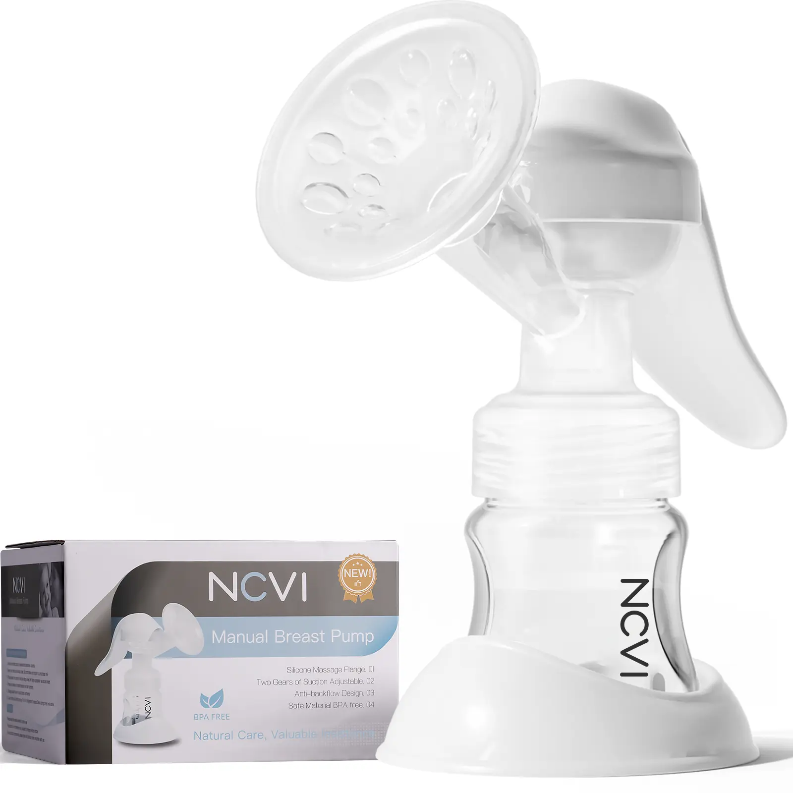 NCVI Manual Breast Pump - 20mm Soft Silicone Flange, 5oz BPA-Free Hand Pump Breastmilk, 1-Handed Single Hand-Held Design, 2 Adjustable Suction Modes, Fits 17-20mm Nipples for Nursing Moms