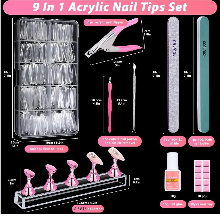 600PCS Clear Coffin Nail Tips Set Qinzave Clear Acrylic Nail Tips with Nail Glue Coffin Nails Full Cover with Nail Display Stand, Cuticle Nail Pusher Remover, Nail Files Buffer