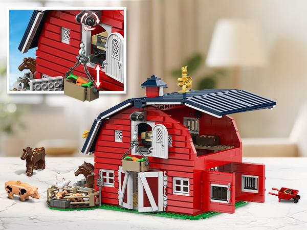 Farm Barn Building Set with LED, Western Farm House Building Block with Windmill Tractor Horse Animals 1405 PCS, Big Barn Construction Toy Brick Kit for Adults Teens Boys Girls 10-12+
