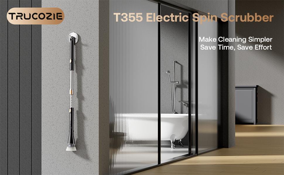 【2026 newly upgraded】Trucozie T355 Electric Spin Scrubber, Cordless Cleaning Brush with 440RPM/90Mins Runtime, 3 Adjustable Angles&Sizes, 6 Replaceable Brush Heads, 2 Speeds for Bathroom Glass, Car Cleaning, Bathtub, and Shower