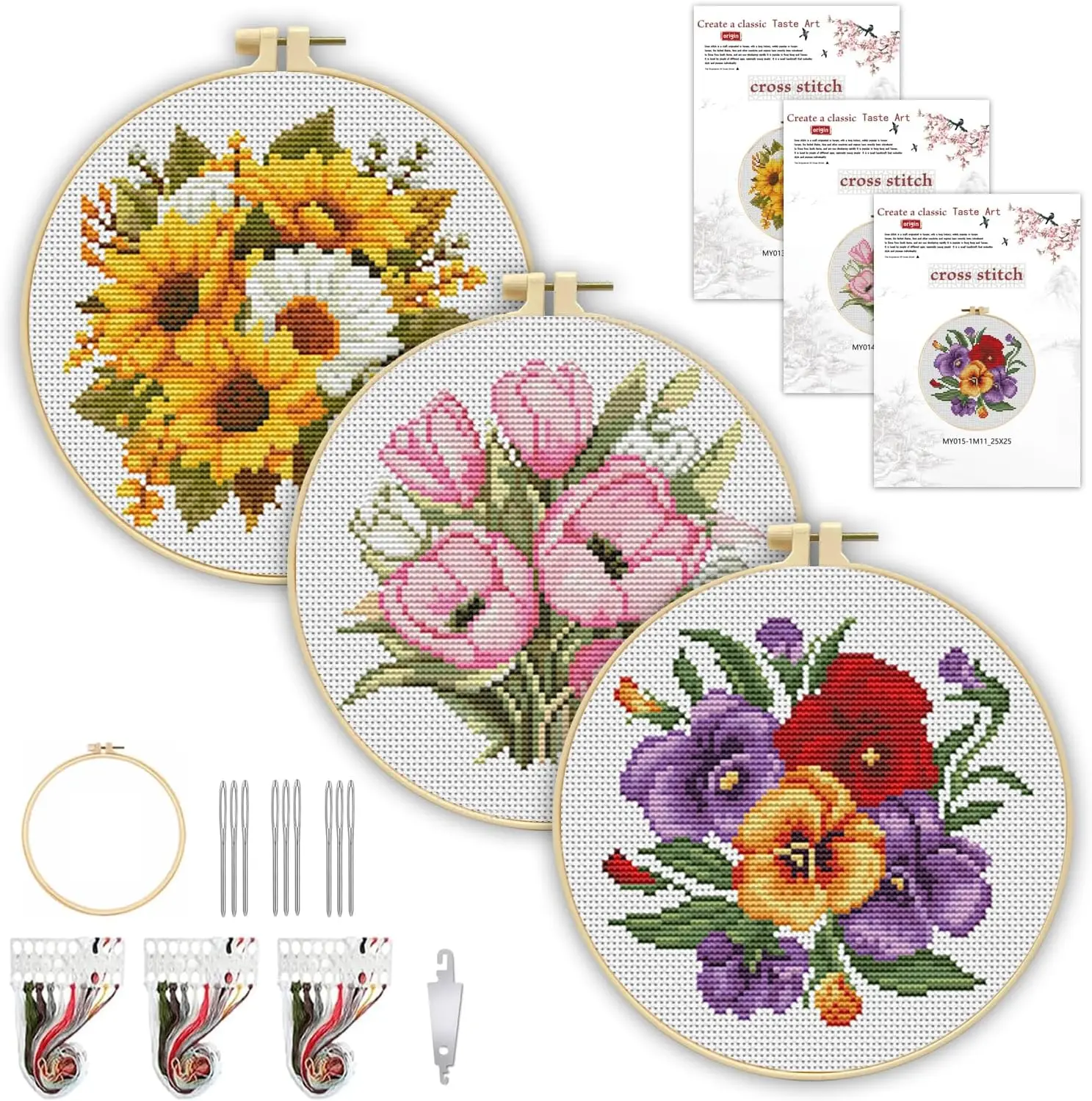 3 Pack Flower Cross Stitch Kits for Beginners,Stamped Cross Stitch Kits for Adults with Embroidery Hoop,Embroidery Kit 11CT Easy Partial Cross-Stitch Arts and DIY Crafts for Adults Home Decor