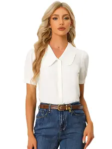 INSPIRE CHIC Peter Pan Collar Shirt Puff Short Sleeve Retro Vintage Blouse