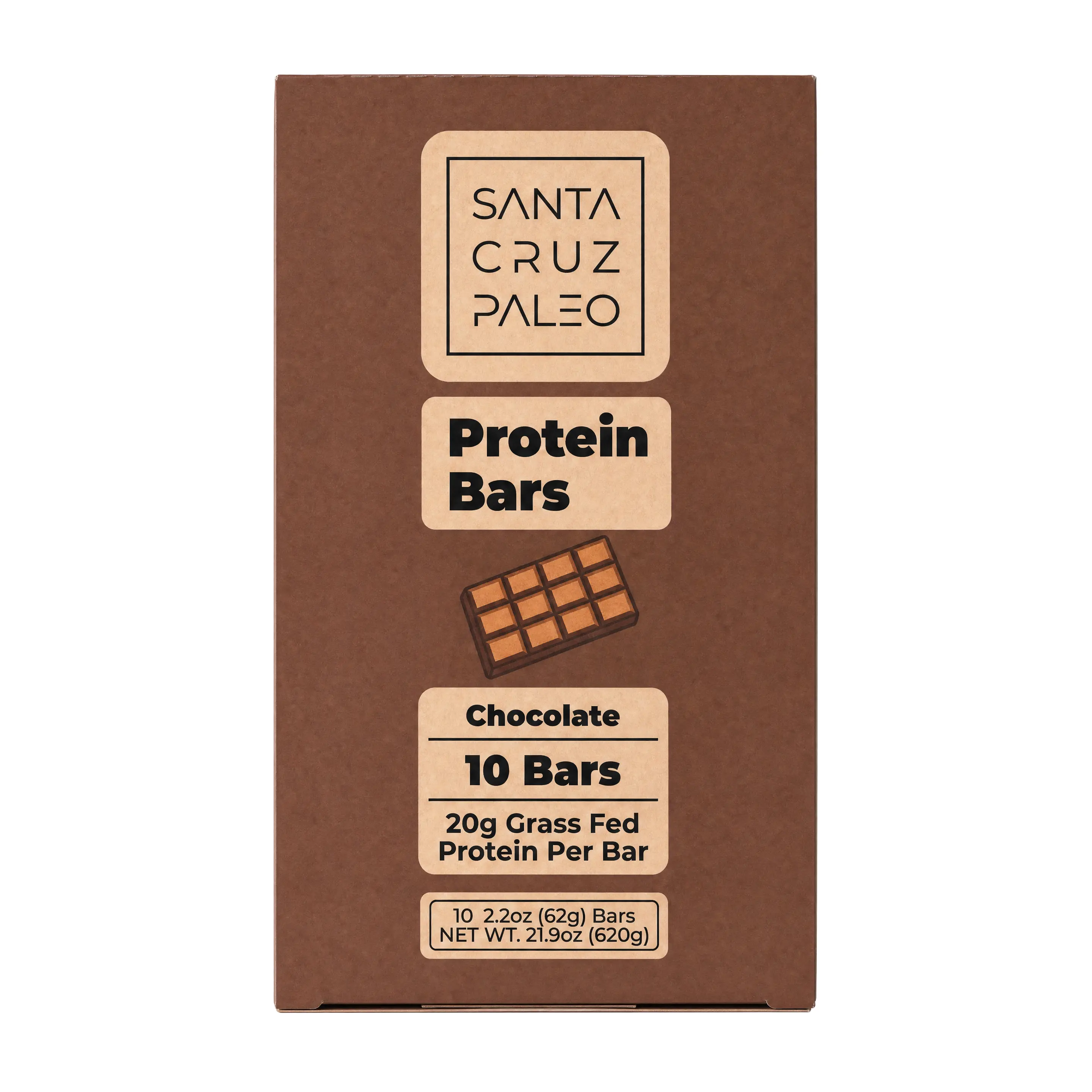 Santa Cruz Paleo Chocolate Protein Bar - 20g Grass-Fed Whey & Collagen Protein, 10 Bars - High Protein Snack Bar Sweetened with Wildflower Honey, No Seed Oils, Artificial Sweeteners, Processed Sugars