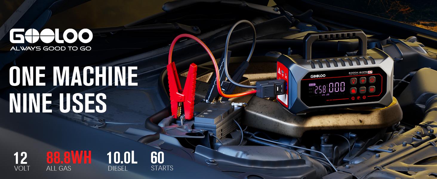 GOOLOO A7 10-in-1 6000A Car Jump Starter with Air Compressor (All Gas & 10 Disel), Multifunctional 160 PSI Smart Auto-Shutoff Tire Inflator & Portable Air Pump with Inflate 350L/min & Deflate 70L/min