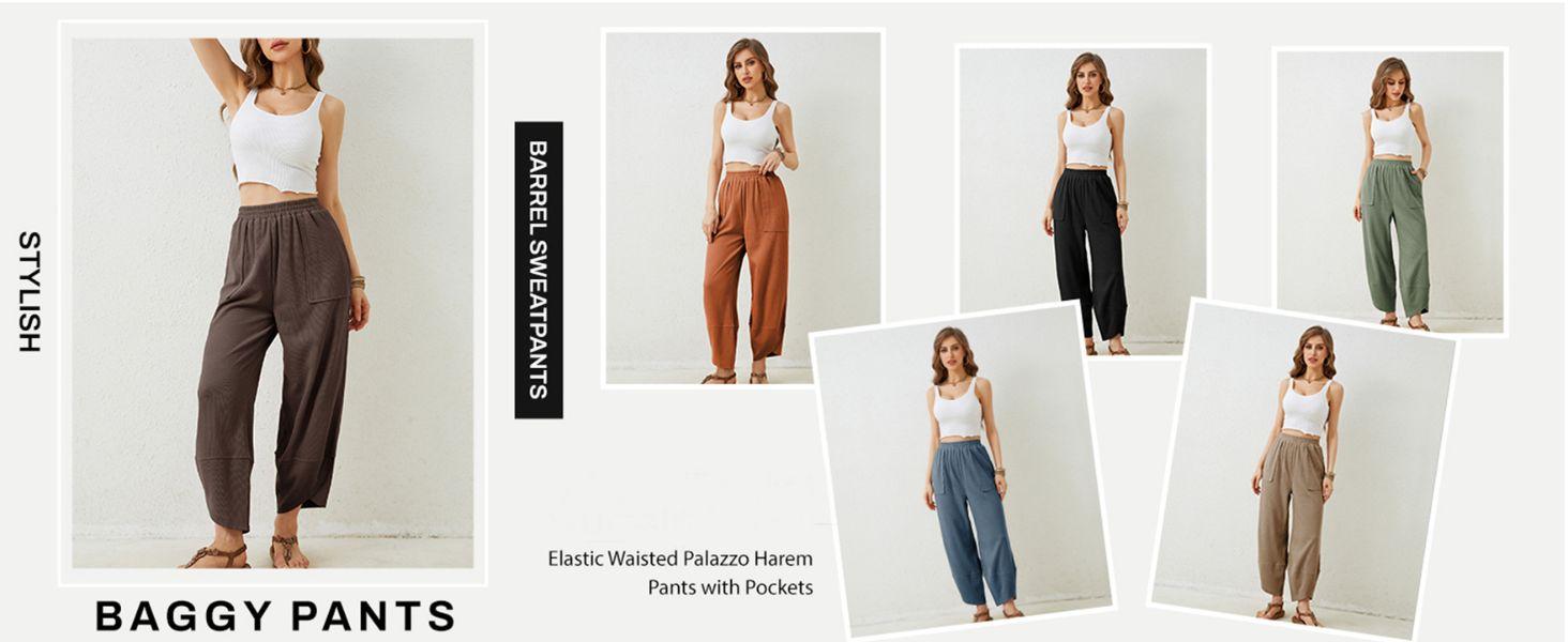 Ommig Womens Baggy Wide Leg Pants Casual Elastic Waisted Palazzo Harem Pants with Pockets