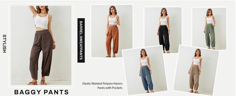 Ommig Womens Baggy Wide Leg Pants Casual Elastic Waisted Palazzo Harem Pants with Pockets