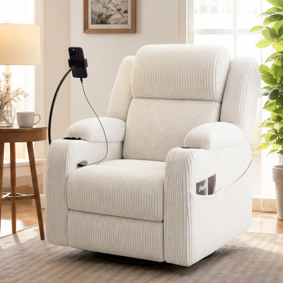 ARCH Electric Power Recliner Armchair - 270° Swivel Rocker Glider, Corduroy Beige, Push Button Reclining, Heat, Massage, Phone Holder, USB Ports, Hidden Storage, Cup Holder, Side Pockets, 110.89 lb, for Living Room Relaxation & Watch Party, 29.50" W X 36.