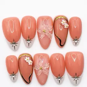 Press on Nails  Gilded Grace  Medium Almond Nude Base Gold Outline Pearl Rhinestones Cross Charms Cream French Tips Prettè Nail Studio