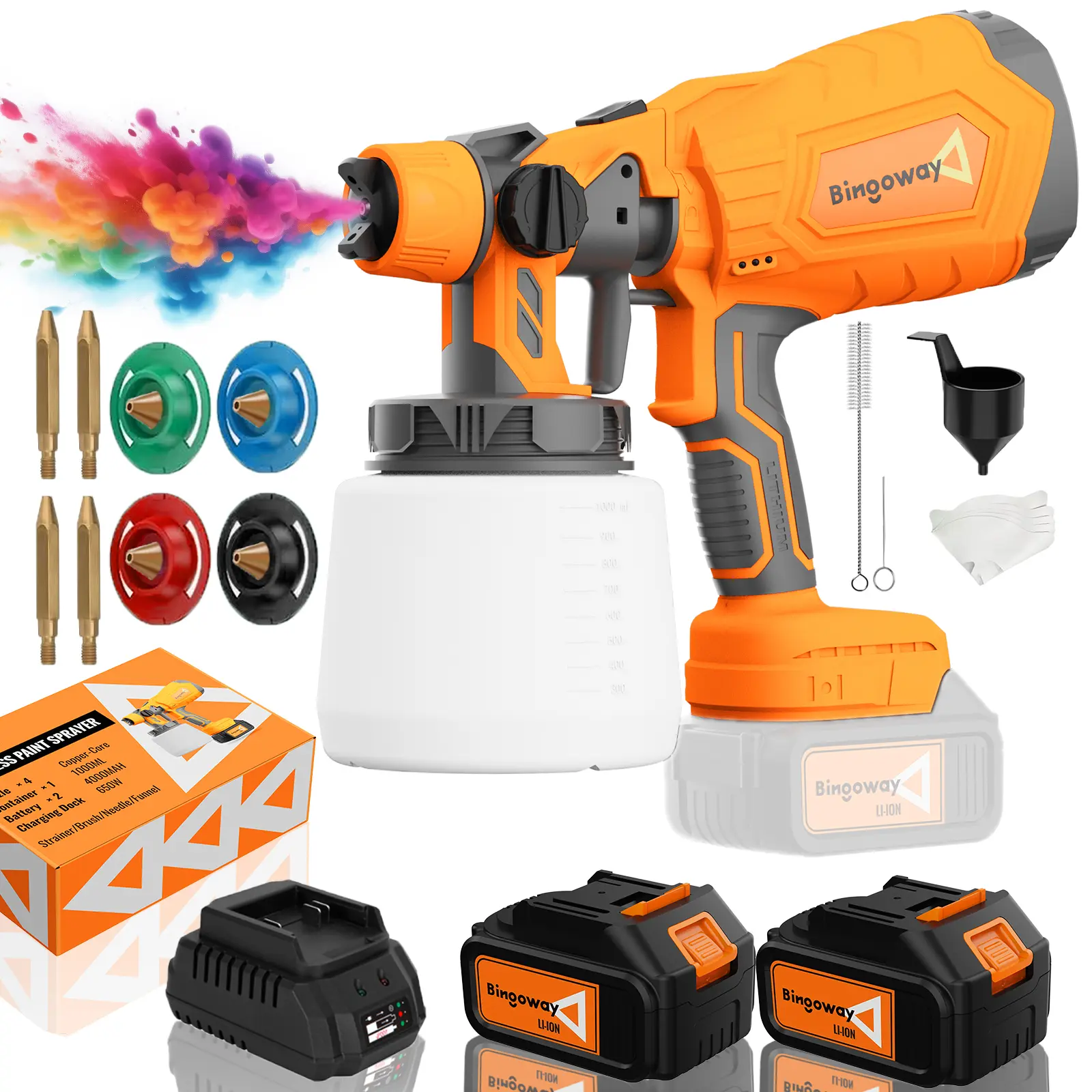 Cordless Paint Sprayer 21V 2x4000mAh MAX Battery, 700W HVLP Electric Spray Gun with Adjustable 4 Nozzles & 3 Patterns, 700W Copper Motor, 1000ml Container Adjustable Spray Width, Easy-to-Clean Sprayer for House Furniture Fence Door Painting