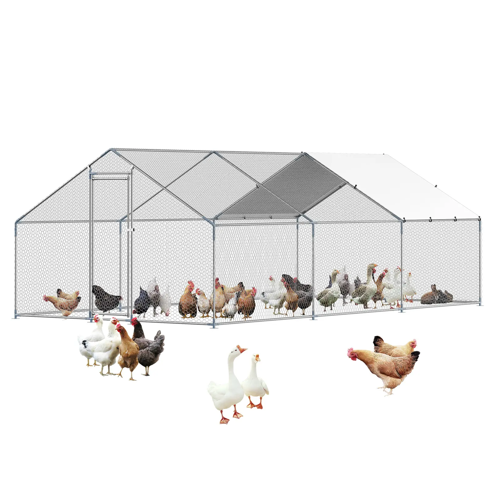 【Summerfinds】VEVOR Galvanized Steel Chicken Coop, 9.8x19.6x6.5 ft Large Walk-in Wind-Resistant Weatherproof Enclosure with Cover Spire Roof, Chicken Wire Fence, Security Lock, Outdoor Backyard Secure Shelter for Ducks, Easy Installation, Galvanized Steel
