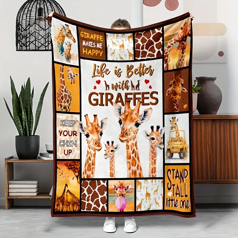 "Life Is Better With Giraffes" Flannel Printed Blanket - Flannel Fabric, Plush, Cozy, Warm Throw, Inspirational Animal Theme, Multi-Size, Durable, Machine Wash, Home Use, Perfect Gift for Animal Enthusiasts, Bedroom Sofa Decor