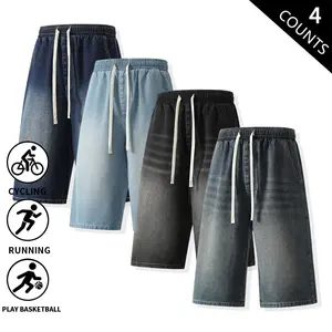 Men’s 4-pack washed denim capri shorts with elastic drawstring, knee-length jean shorts, loose fit, casual workout running basketball shorts