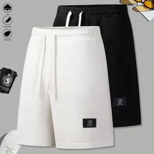 2-piece set, men's corduroy shorts, solid color, casual shorts, side pockets, drawstring elastic waistband, suitable for daily wear and vacation, beige, men's shorts