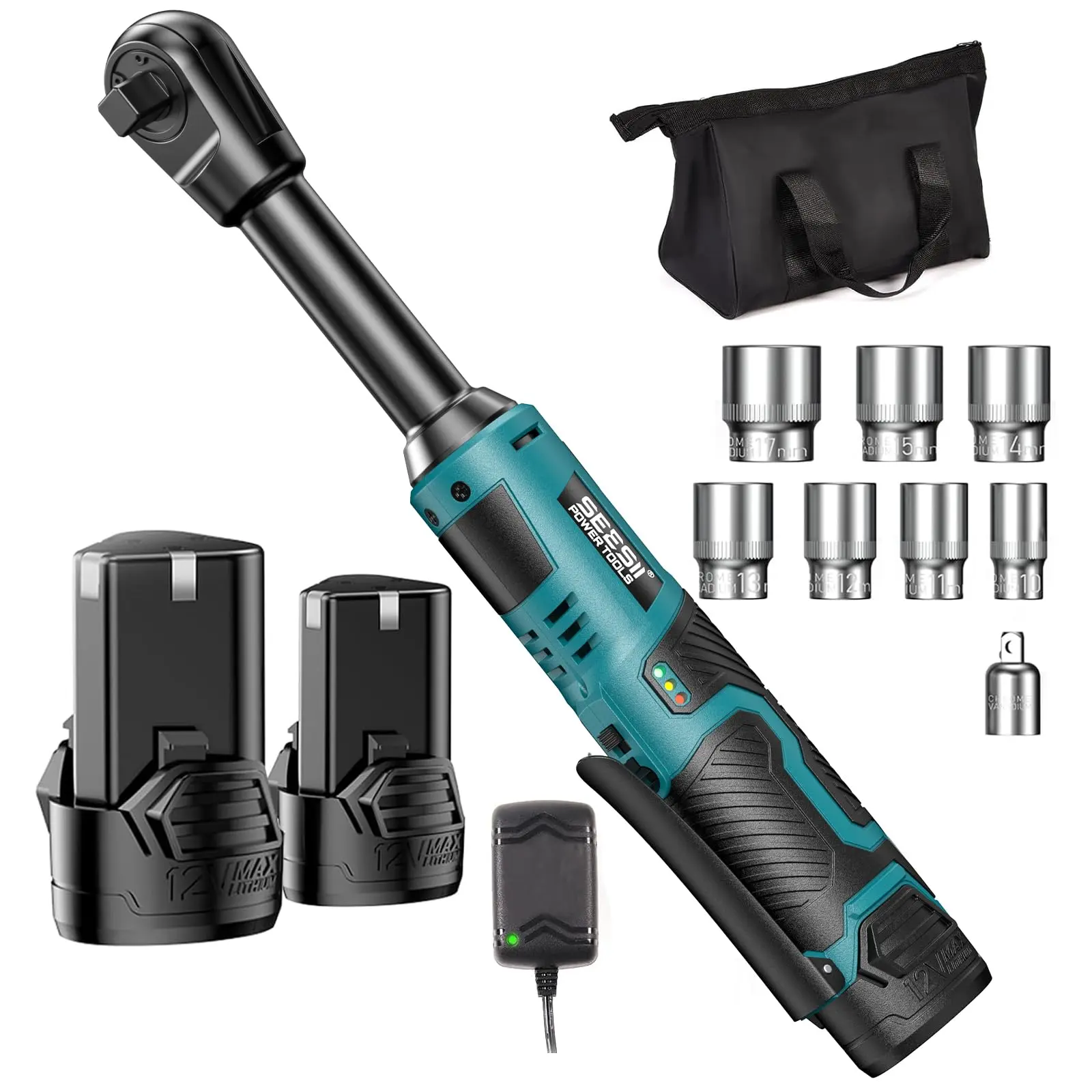 SEESII 3/8" Long Neck Ratchet Wrench Kit, 40Ft-lbs 6" Extended Cordless Ratchet Wrench / 2x2.0Ah Batteries & Fast Charge, Pistola De Impacto, 220RPM Variable Speed Ratcheting Wrench w/ 7 Sockets, dealsforyoudays Outdoorfun DealsForYouDays
