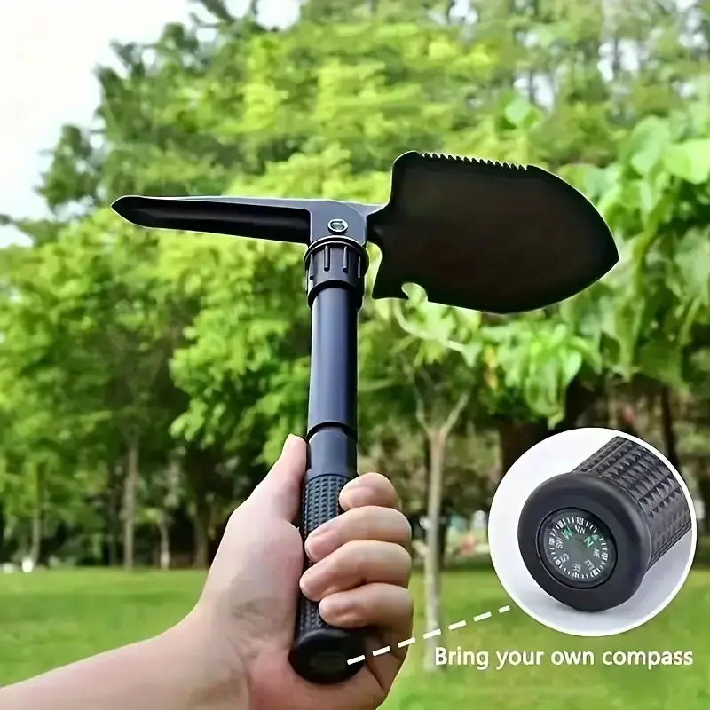 Functional portable folding shovel - Advanced strong steel camping tool with serrated edges, adjustable knob, detachable handle, anti slip grip, and compass -7-in-1 gardening and survival shovel hiking stick supply outdoor