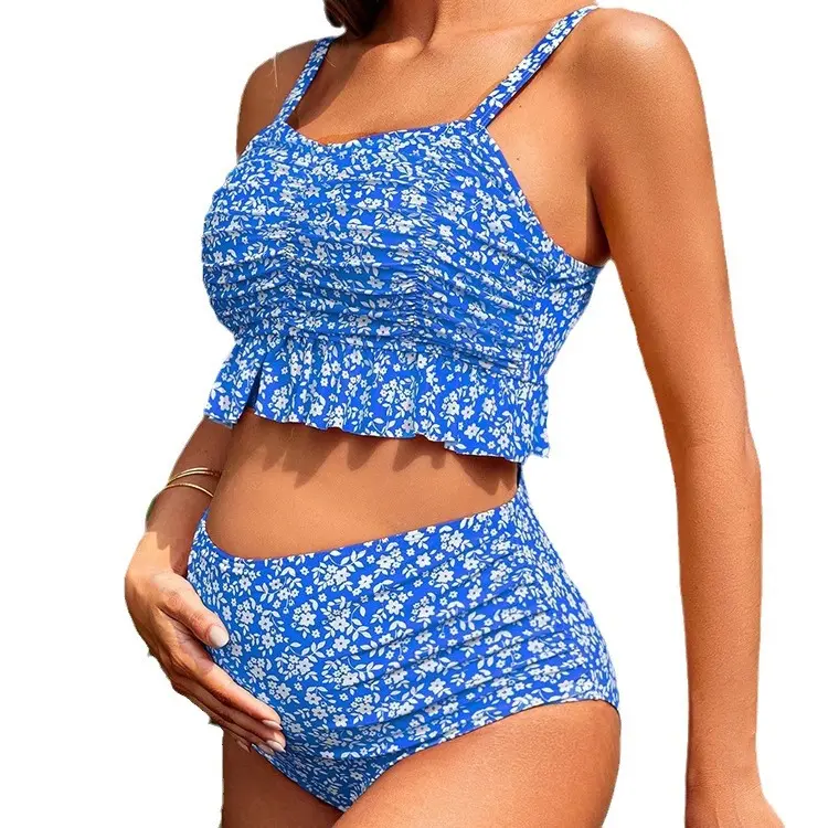 YF Women Floral Print High Waist Two Piece Maternity Bikini Ruched Ruffle Tank Swimsuit Wire Free Padded Quick Dry Stretch Pregnancy Bathing Suit