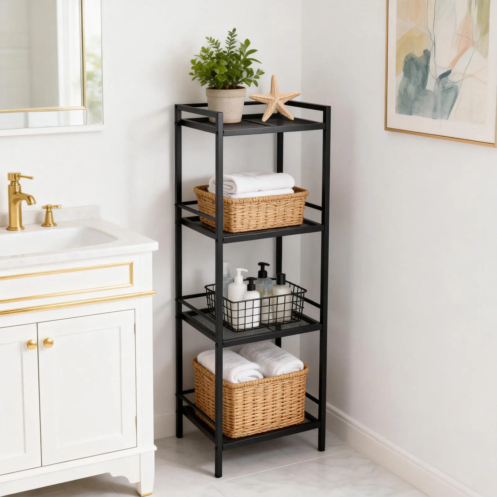 Standing Shelf, 3 / 4 Tier Metal Shelf, Kitchen Shelf, Storage Shelf, Easy Installation for Kitchen, Office, Bookroom, Corner, Black/ White Bookshelf Organiser
