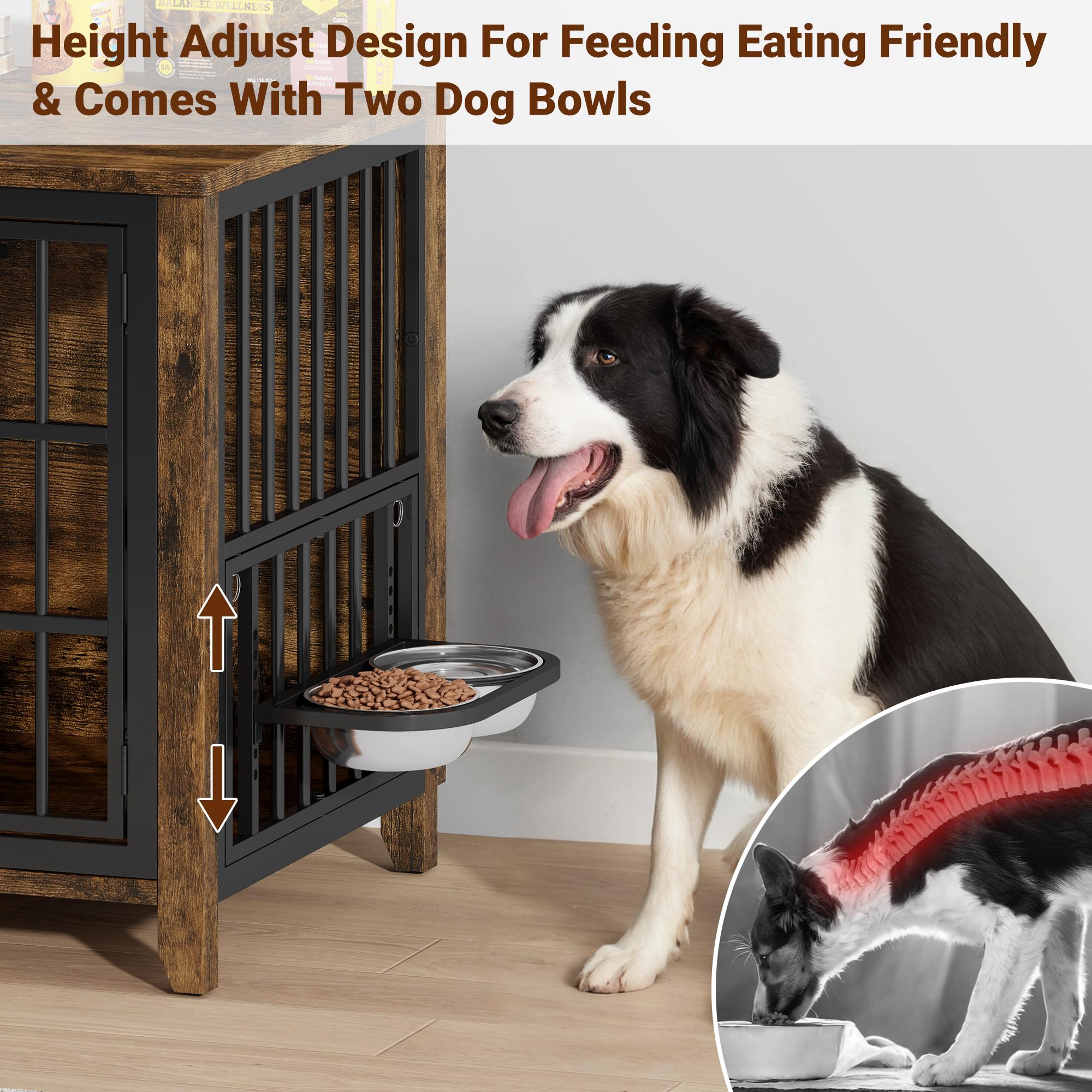 Aowos Wooden Dog Crate Furniture, Stylish Dogs Kennel for Small to Extra Large, Double Door & A Cushion & 360° Wheel, Single Door & 2 Bowels, 27''/32''/38''/44'', Metal, Chew-Proof Design, Dog Cage